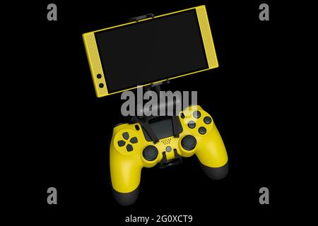 Realistic yellow joystick for playing games on mobile phone on black background Stock Photo