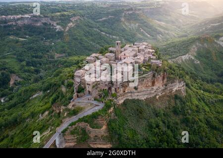 Aerial view of Civita di Bagnoregio at sunrise, Viterbo district, Lazio, Italy, Europe. Stock Photo