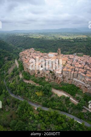 Aerial view of the old town of Pitigliano, called 'the little Jerusalem'. Grosseto district, Tuscany, Italy, Europe.