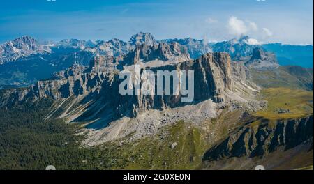 Europe, Italy, Alps, Dolomites, Mountains, Croda da Lago, Formin, Aerial view from Passo di Giau Stock Photo