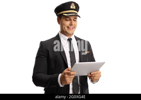 Young chauffeur using a digital tablet isolated on white background Stock Photo