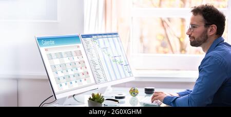 Gantt Chart Business Reports And Employee Job Schedule Stock Photo