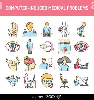 Computer-induced medical problems line icons set. Isolated vector element. Outline pictograms for web page, mobile app, promo. Editable stroke. Stock Vector