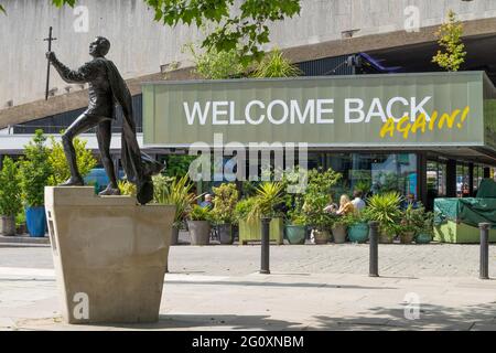 A welcome back again sign on the BFI Cinema on the Southbank on a sunny day. London