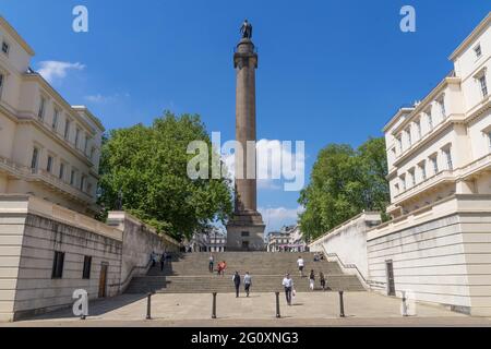 Looking up the steps to Duke of York Column on a clear sunny summers day. London Stock Photo