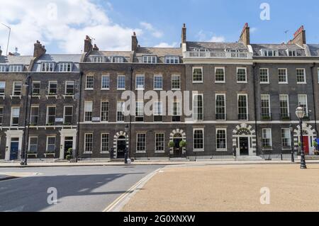 The traditional Georgian houses in Bedford Square in the sun. London Stock Photo