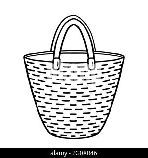 Straw beach bag isolated on white background. Vector hand-drawn illustration in doodle style. Perfect for your project, card, logo, decorations. Stock Vector