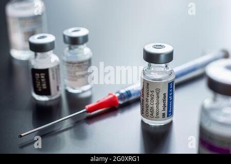 Montreal, CA - 3 June 2021: Vial of Janssen Covid-19 vaccine among other Coronavirus vaccine vials Stock Photo