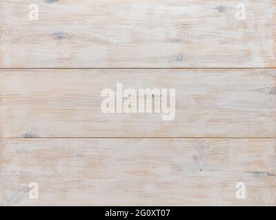 Rustic style table top of natural wooden planks painted white color. Wide wooden board surface background. Texture of flat horizontal wood planks. Stock Photo