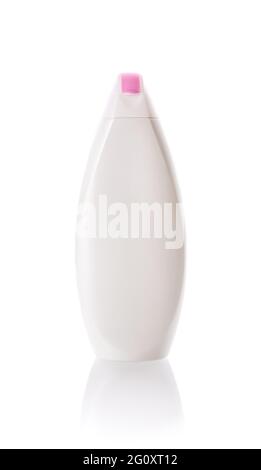 White plastic bottle for shampoo or shower gel isolated on white background. Unlabeled cosmetic container for body care and beauty product design. Stock Photo