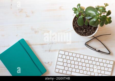 White computer keyboard and teal journal with potted succulent plant and glasses laying on a white wood desk with copy space Stock Photo