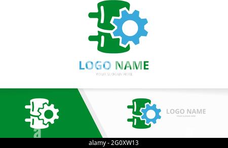 Vector spine and gear logo combination. Industrial vertebral column logotype design template. Stock Vector