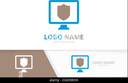 Vector shield and computer logo combination. Security and monitor logotype design template. Stock Vector