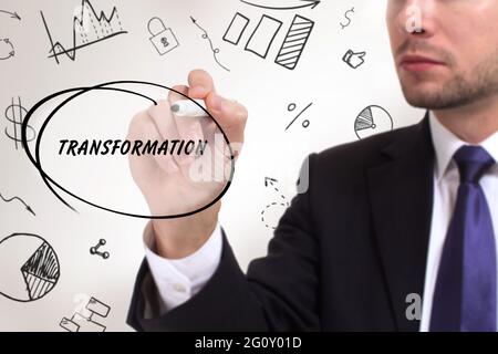Business, technology, internet and network concept. Young businessman thinks over the steps for successful growth: Transformation Stock Photo