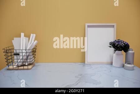 Marble wooden free frame with green plant on white wall, 3d render, 3d illustration, canvas print mockup. Stock Photo