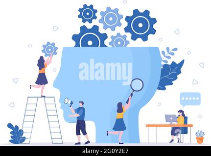 Setting Vector Illustration To Teamwork On Finding New Ideas, Launch A Mechanism, Search For Solutions Concept Design Stock Vector