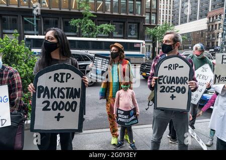 New York, United States. 03rd June, 2021. About two dozen activists stage rally and die-in under the banner Free the Vaccine demanding for free distribution of COVID-19 vaccine to poor countries in Midtown Manhattan outside of European Union Mission to the UN in New York on June 3, 2021. (Photo by Lev Radin/Sipa USA) Credit: Sipa USA/Alamy Live News Stock Photo