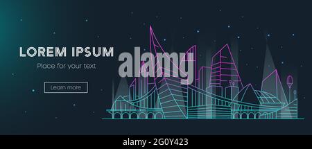 Banner template design with futuristic city, copy space. Glowing metropolis at night, linear silhouette. Business and technology concept Stock Vector