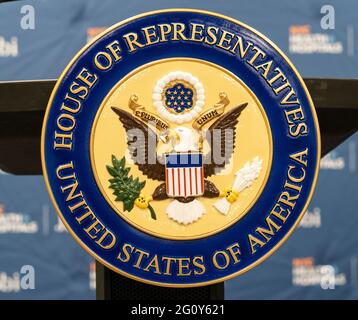 New York, NY - June 3, 2021: The seal of U. S. House of Representatives seen at press conference by Senate Majority Leader Chuck Schumer and Representatives Alexandria Ocasio-Cortez and Jamaal Bowman at Jacobi Hospital Stock Photo