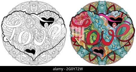 Vector Adult Coloring Book Textures. Hand-painted art design. Color and outline set Stock Vector