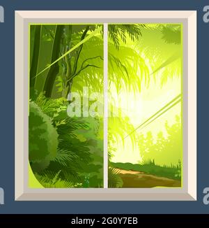 The window is ordinary. With fragments of the wall. The view from the room to a light green garden or forest. Cartoon flat style. Vector. art Stock Vector