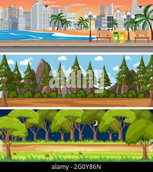 Set of three different nature horizontal scenes illustration Stock Vector
