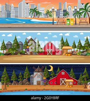 Set of different nature horizontal scenes illustration Stock Vector