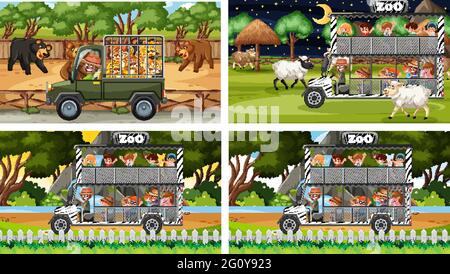 Set of different safari scenes with animals and kids cartoon character illustration Stock Vector