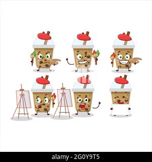 Artistic Artist of chocolate coffee with boba cartoon character painting with a brush. Vector illustration Stock Vector