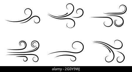 Set wind blow line icons. Blowing wind black outline icons. Design for for app and website Stock Vector