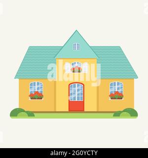 Family house in flat style, yellow house with turquoise roof, red flowers on the windowsill Stock Vector