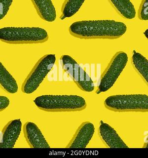 Green young cucumbers with shadow on yellow background, top view, food color seamless pattern, square. Stock Photo