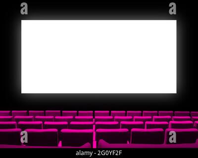 Cinema movie theatre with pink velvet seats and a blank white screen. Copy space background Stock Photo