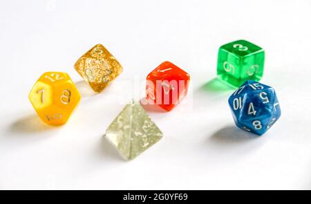 Special colorful dices group for role playing games. Stock Photo