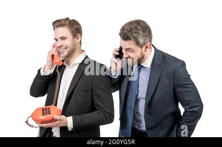 What can we do for you. Modern boss and old-fashioned boss. Modern and classic communication Stock Photo