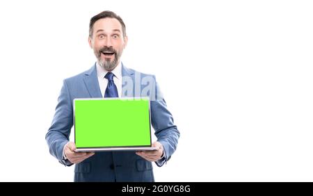 amazed businessman presenting product. presentation on computer. video conference. Stock Photo