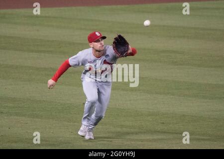 St. Louis Cardinals left fielder Lane Thomas (35) makes a catch during a MLB game against the Los Angeles Dodgers, Wednesday, June 2, 2021, in Los Ang Stock Photo