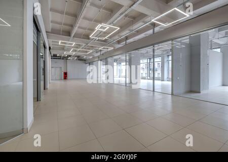 Modern white empty room interior with columns and panoramic windows.  room for office or store Stock Photo