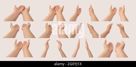 Set of two open empty female hands with palms up, holding something, isolated on white background. Isolated on white Stock Photo