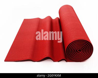 Rolled up red carpet isolated on white background. 3D illustration. Stock Photo