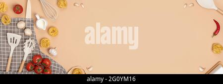Ingredients for making pasta and cooking utensil with copy space on light brown background. Cooking banner. Top view Flat lay Copy space. Stock Photo