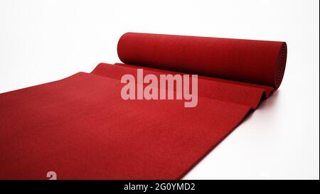 Rolled up red carpet isolated on white background. 3D illustration. Stock Photo