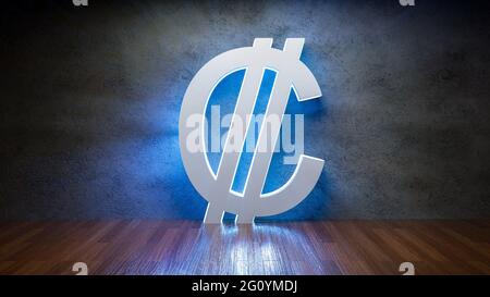 Symbol of Costa Rican colón glowing in empty concrete room as currency ...
