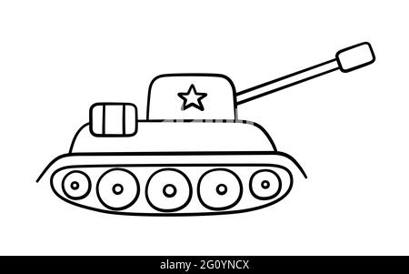 Hand drawn military tank with star. Children drawing of a war tank. Vector illustration isolated on white background Stock Vector