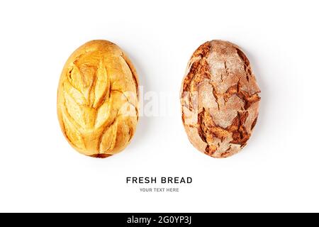 Fresh wheat and rue bread creative layout isolated on white background. Whole white and dark bread loafs composition. Various bread set. Healthy eatin Stock Photo