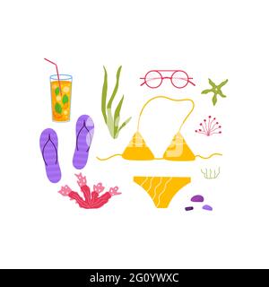 Set of travel stuff for adventure tourism, travel. Journey decorative design with tropical leaves, shells, clothes, accessories, shoes, swimming suit Stock Vector