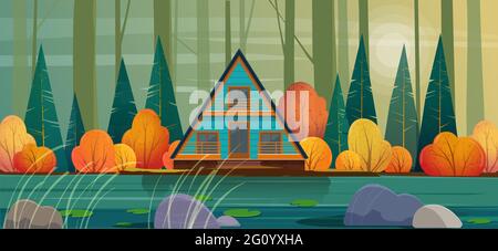 Tiny wooden house by the forest lake Stock Vector