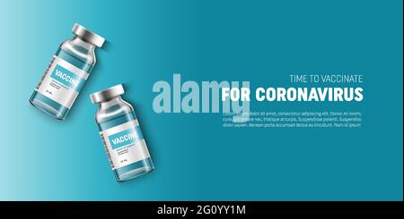 Creative design for Coronavirus vaccine vector background. Covid-19 corona virus vaccination with vaccine bottle and syringe injection tool for covid Stock Vector