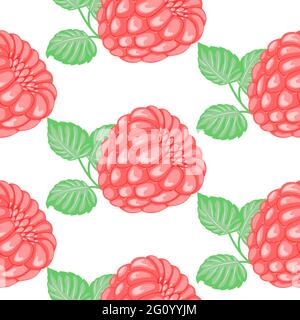 Vector pattern of pink raspberries with green leaves on a white background. Abstraction with raspberries and leaves. Seamless pattern for fabric. Stock Vector