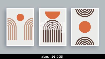 Abstract wall art painting with pastel colors background. Minimalist geometric elements and hand drawn line. Mid century scandinavian nordic style. Stock Vector